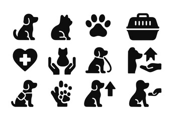 Various animal icons representing pets, care, and shelter in a simple black and white design