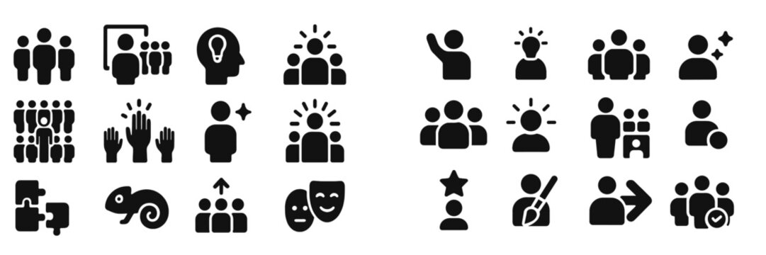 Icons representing group dynamics, creativity, community engagement, and teamwork in various activities and settings