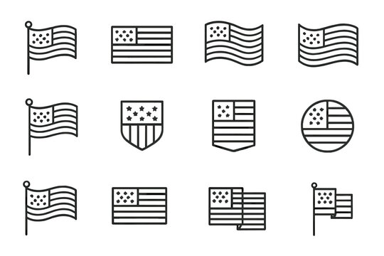Various American flag designs featuring stars and stripes in simple line art on a white background