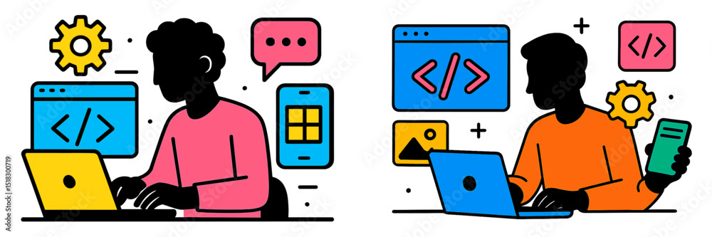 Leinwandbilder Collaboration between two developers engaged in coding and design tasks in a vibrant digital workspace