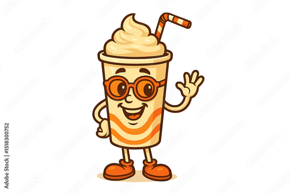 Poster fun cartoon character enjoying a milkshake with sunglasses and a cheerful wave in a vibrant setting
