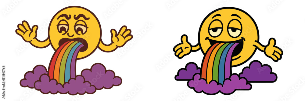 Poster bright cartoon characters with expressive faces and rainbow-colored vomit against a colorful backgro