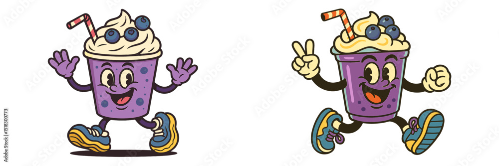 Poster fun and playful cartoon character running and enjoying a delicious blueberry smoothie in vibrant col