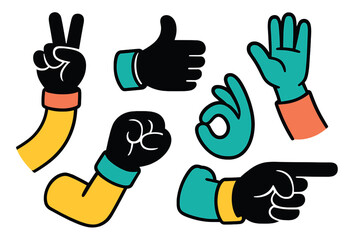Fototapeta premium Various hand gestures displayed in colorful illustrations representing communication and expression