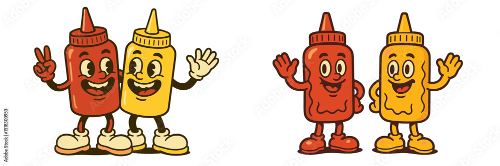 Poster Two cheerful condiment characters having fun and waving together in a playful setting with vibrant colors