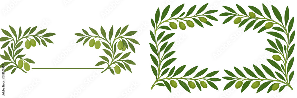 Poster Olive branches with fruits arranged in decorative patterns for use in designs and artworks