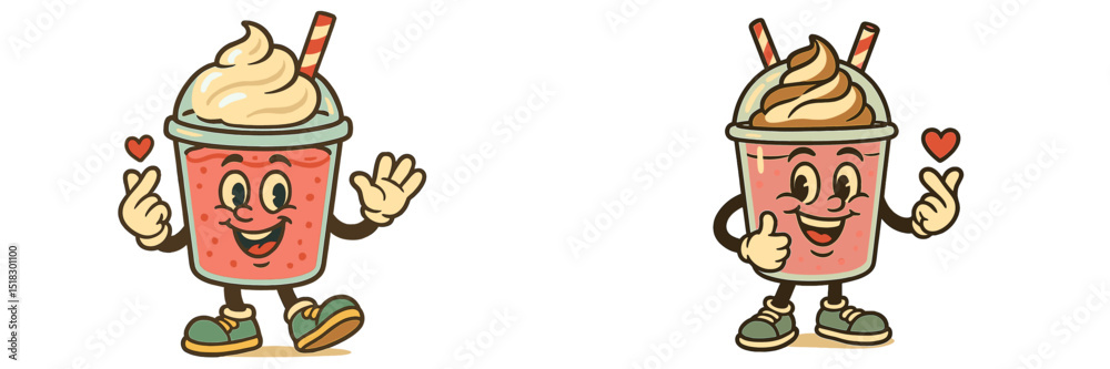 Poster fun cartoon character representing a strawberry milkshake with cheerful expressions