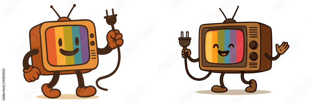 Aufkleber colorful animated televisions with cheerful faces holding power cords in a playful setting
