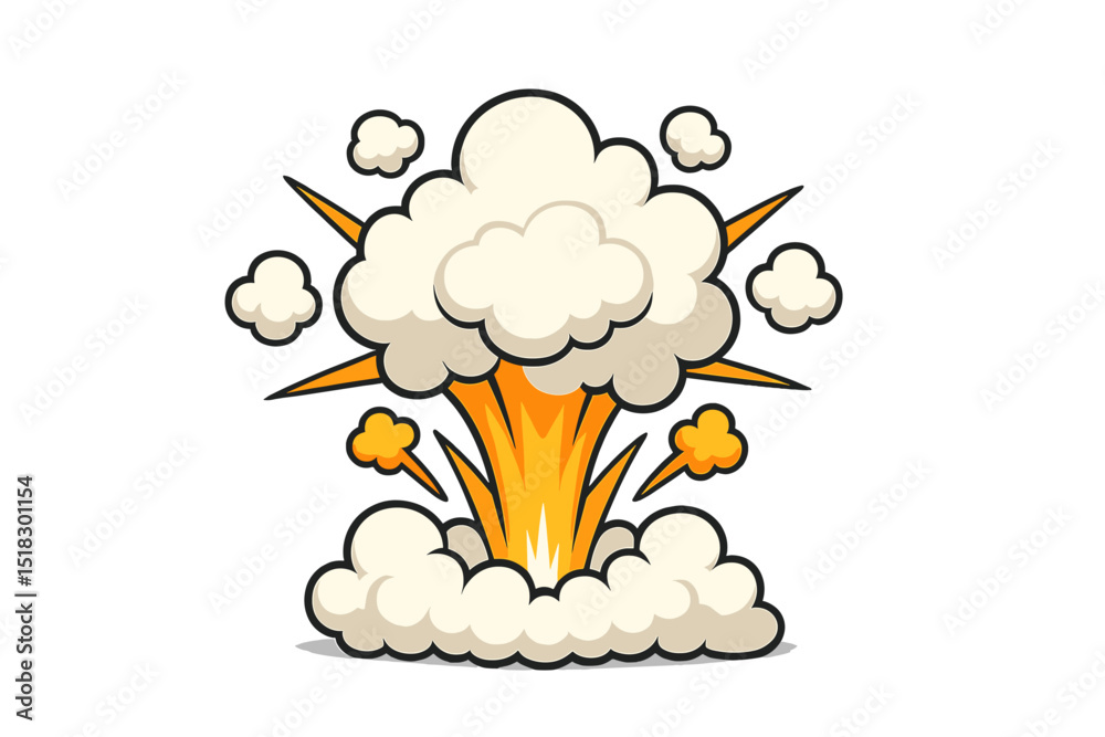 Poster Illustration of cartoon explosion with clouds and flashes during a dramatic event in an animated style