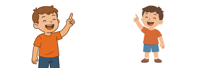 Obraz premium Happy young boys pointing up with excitement in bright orange shirts in a cheerful setting