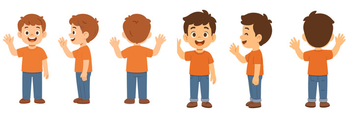 Fototapeta premium Child waving happily in various poses, showcasing excitement and friendliness in a vibrant orange shirt