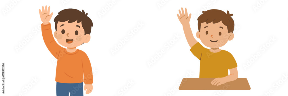 Poster Two cheerful children waving hello in a friendly gesture during a bright daytime setting