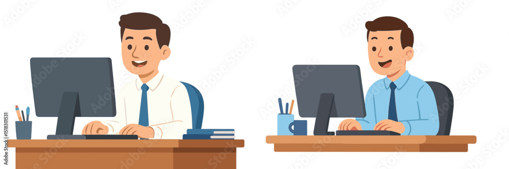 Poster two young men working at desks with computers, focused on their tasks in a modern office environment