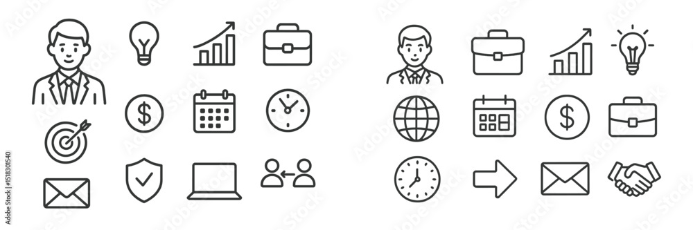 Poster business icons illustrating concepts such as teamwork, productivity, and goal setting in a modern di