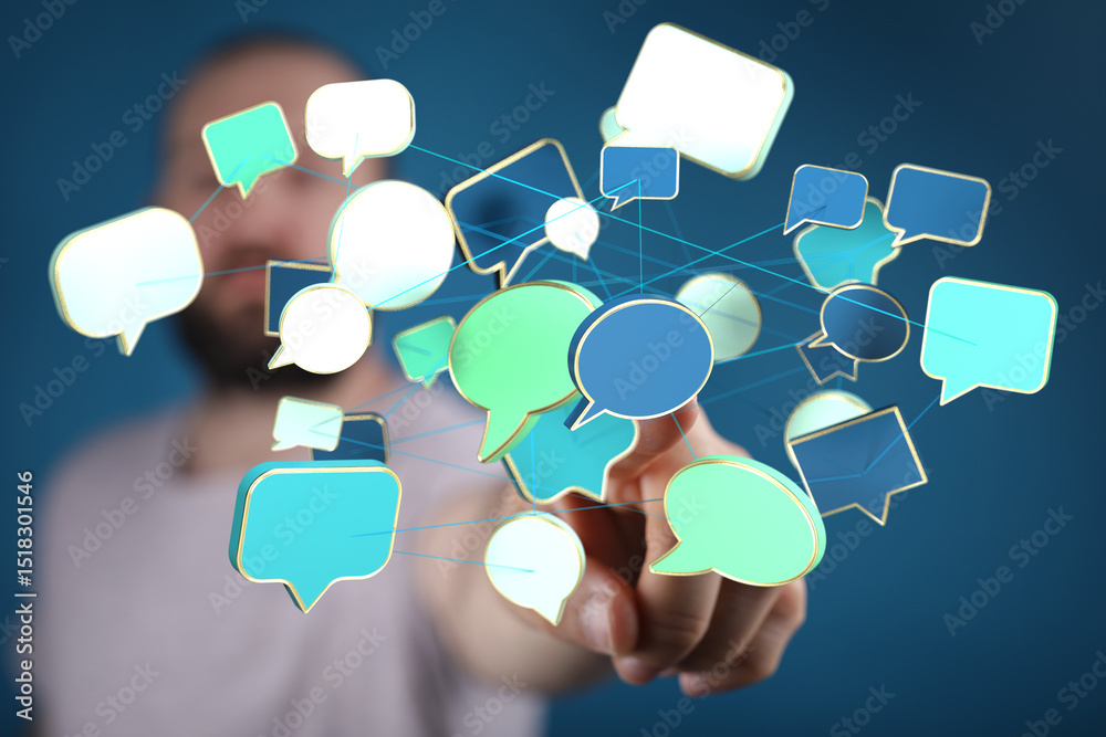 Fototapete a man interacts with a network of digital speech bubbles, symbolizing global communication and conne