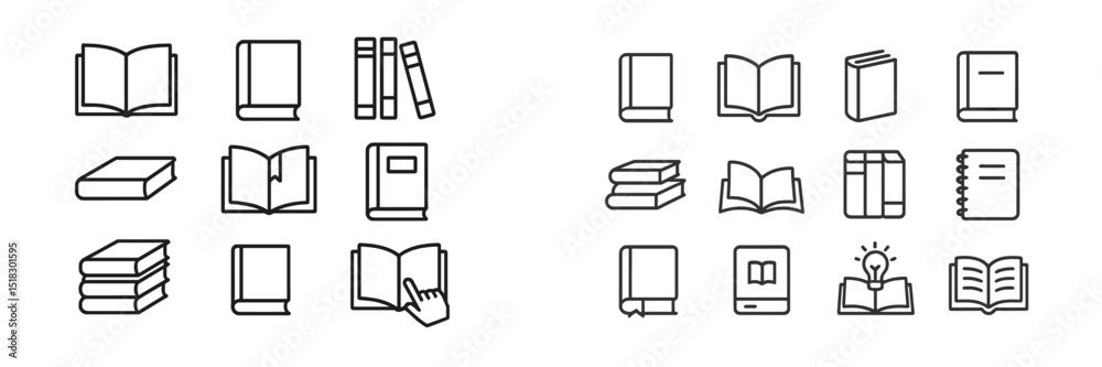 Poster collection of simple book icons representing various reading materials and educational tools