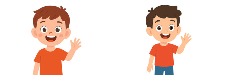 Obraz premium Two cheerful boys waving hello while wearing orange shirts in a bright, friendly illustration