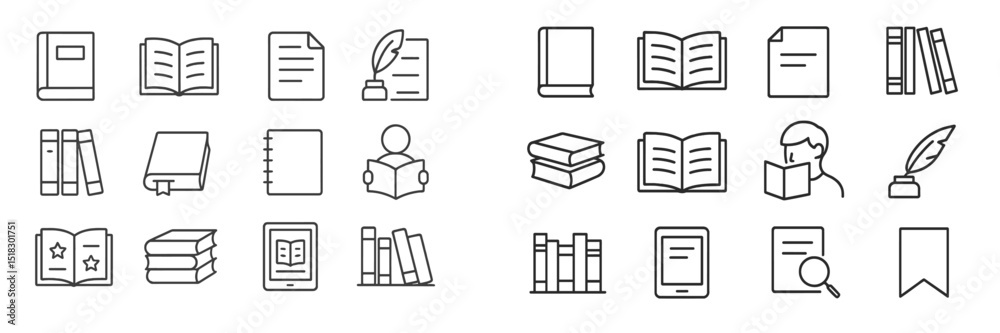Poster collection of various book and reading related icons. illustrations depicting reading activities and