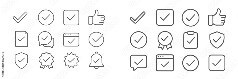 Poster various checkmark icons representing approval, completion, and validation in a simple, minimalist de