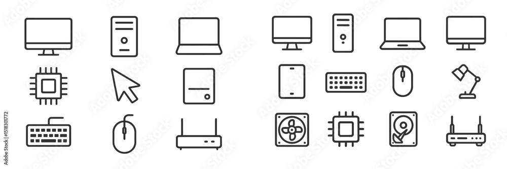Poster Collection of various computer hardware icons including monitors, laptops, and peripherals displayed in a simple line art style
