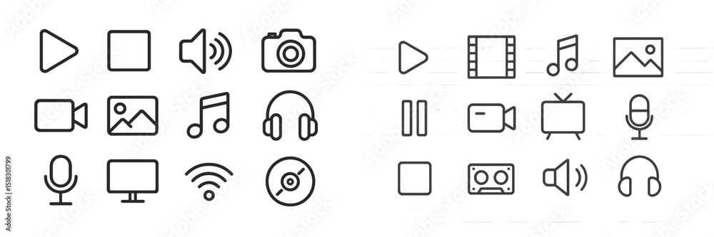 Poster Collection of simple line icons representing multimedia elements and devices for digital content creation and consumption