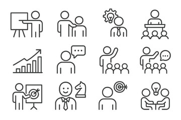 Icons representing various concepts of teamwork, strategy, leadership, and communication in a professional setting