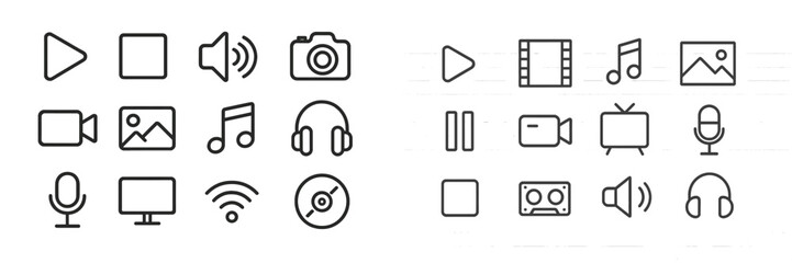 Collection of simple line icons representing multimedia elements and devices for digital content creation and consumption
