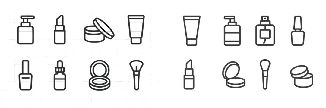 Collection of minimalist beauty and skincare product icons in black and white design for modern branding - Powered by Adobe