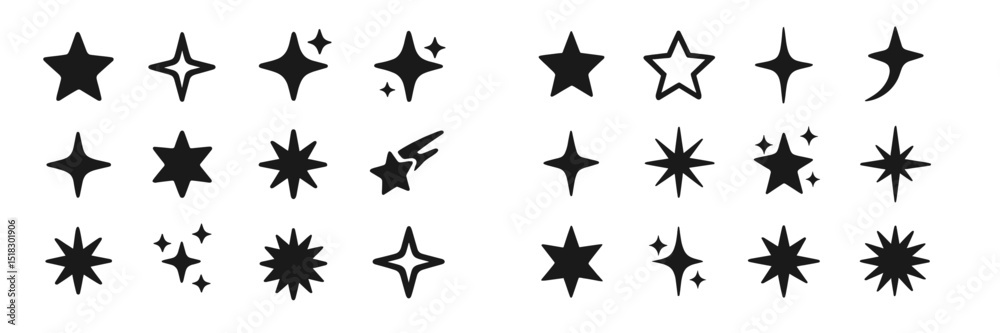 Poster collection of various black star and sparkle designs suitable for graphic elements in digital art an