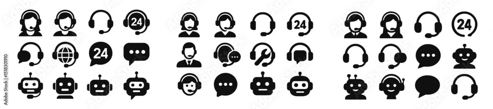 Poster various customer service and chatbot icons representing 24-hour support and assistance options for u