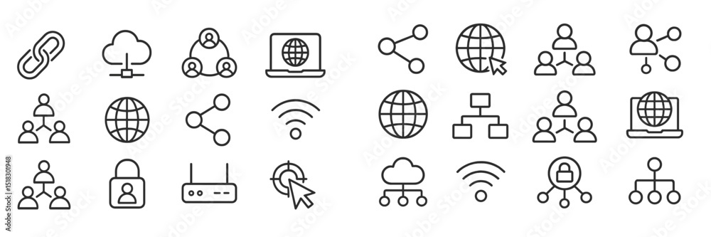 Aufkleber Collection of line icons representing networking, connectivity, and data sharing concepts in a digital environment