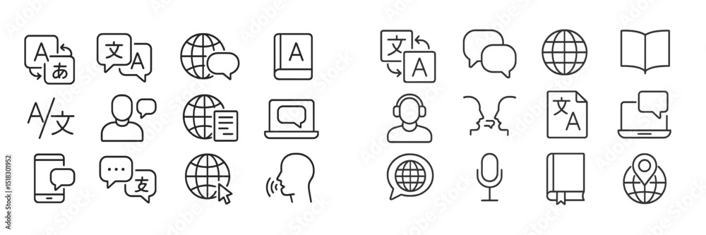 Aufkleber Collection of communication and language learning icons in minimalistic design for educational materials and technology platforms