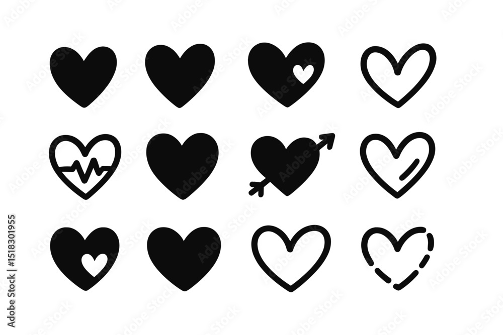 Poster collection of black heart icons in various styles showcasing love and affection in a modern design