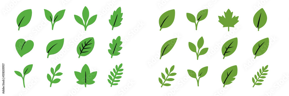 Poster various green leaf designs showcasing different shapes and styles suitable for nature-themed project