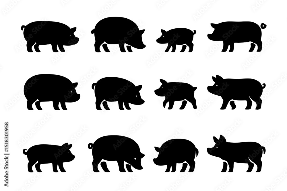 Poster silhouettes of pigs in various poses demonstrating different sizes and shapes in a playful arrangeme