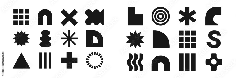 Poster Various black geometric shapes arranged in a pattern showcasing creativity and design elements on a white background
