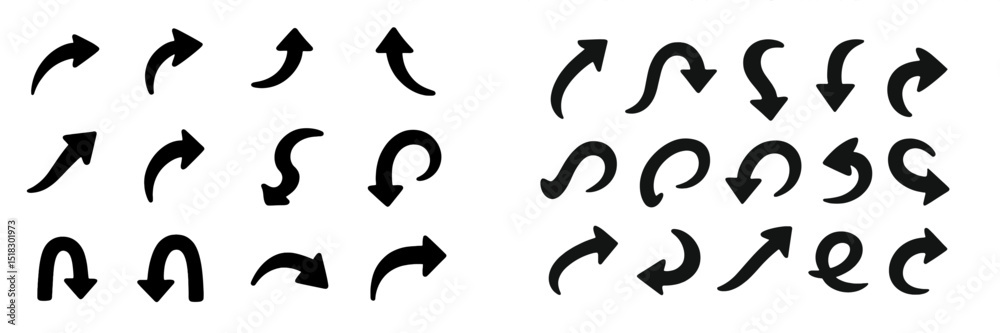 Aufkleber directional arrows in various styles arranged on a clean background for design concepts and illustra
