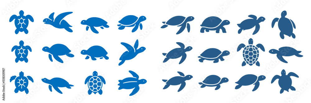 Poster turtle silhouettes in various poses showcasing movement in aquatic environments