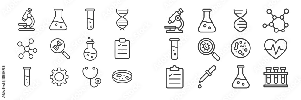 Poster icons representing various aspects of science and laboratory research including microscopes and dna 