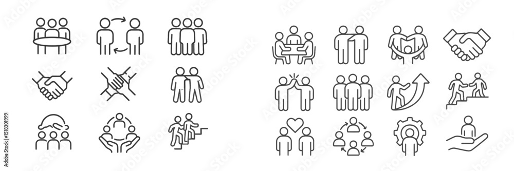 Poster Collection of simple line icons representing teamwork, collaboration, and human interaction in various settings and activities