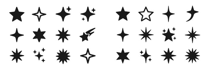 Collection of various black star and sparkle designs suitable for graphic elements in digital art and branding