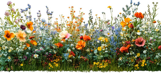 Bush made border isolated, Wildflowers and grass bush cut out, Field grass and flowers bush made isolated on transparent background