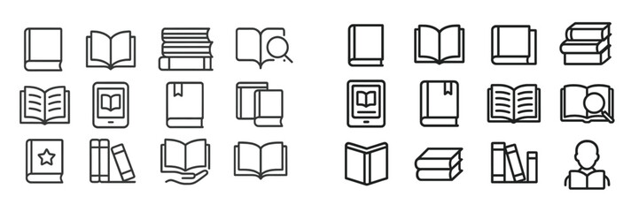 Collection of various book and reading icons showcasing different types of books and reading materials in a minimalist style