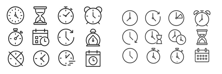 Variety of clock and timer icons showcasing different time-keeping devices in a minimalistic design