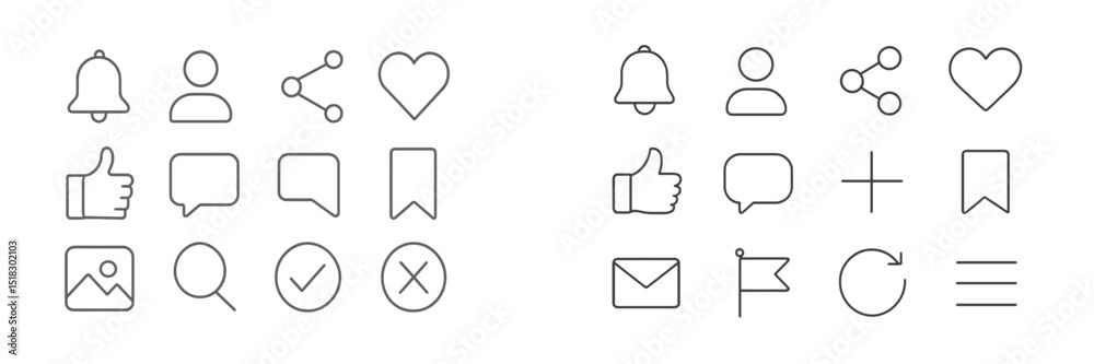 Aufkleber collection of line icons representing social media and communication features, perfect for digital d