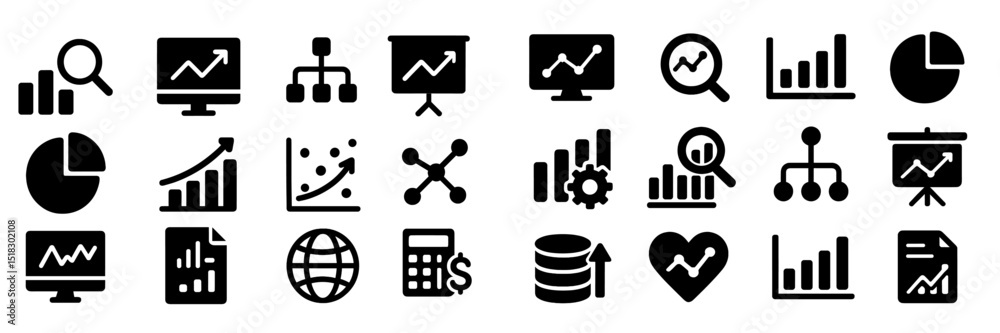 Poster Various symbols representing data analysis tools and growth metrics in a minimalist black and white design