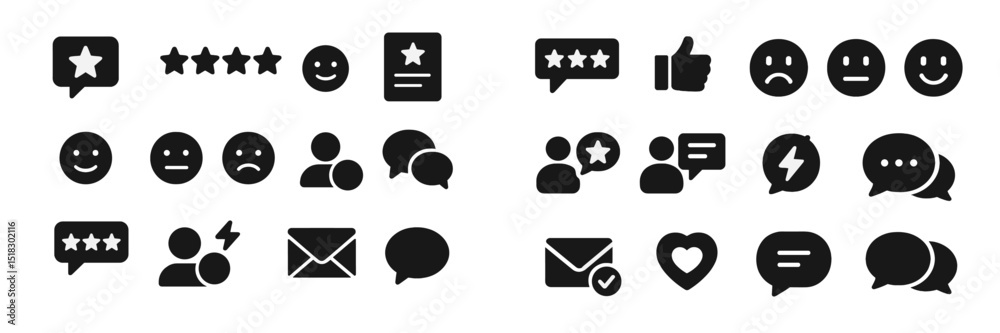 Poster collection of black and white icons illustrating user feedback and communication in a digital contex