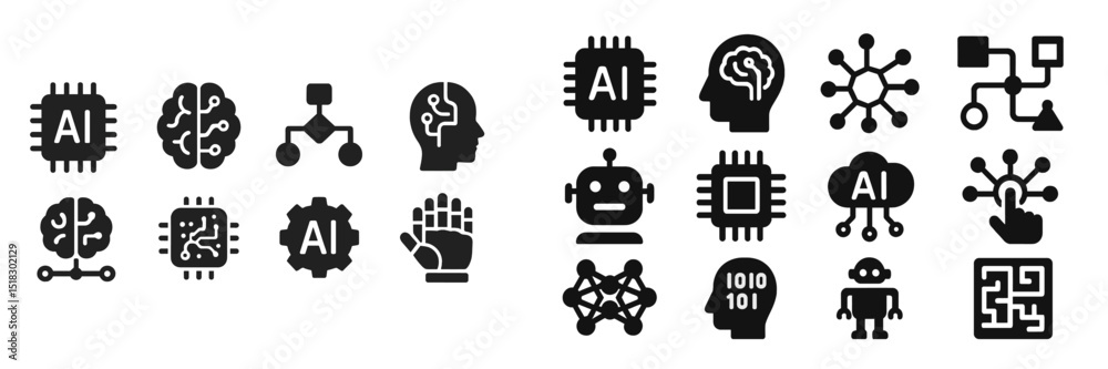 Aufkleber collection of black and white artificial intelligence and technology vector icons on a minimalist ba
