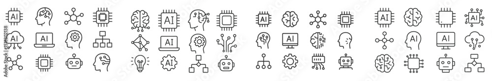 Poster Patterns of artificial intelligence illustrated with line icons showcasing various tech concepts and applications