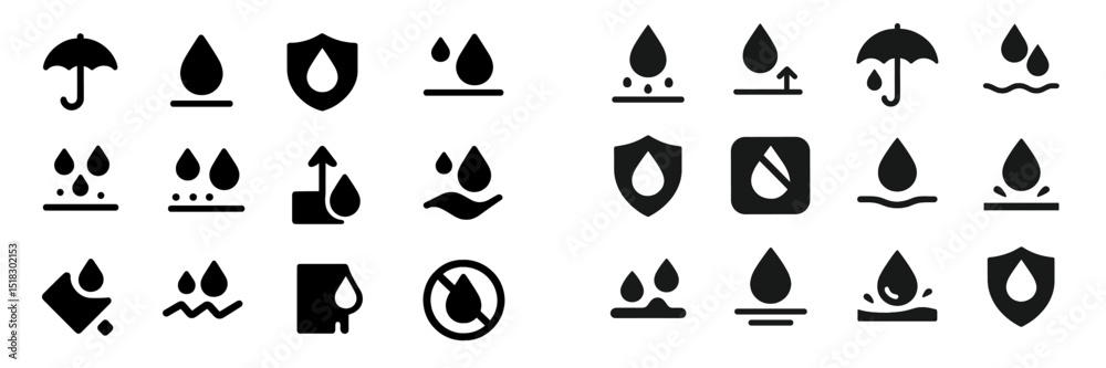 Poster icons representing water, rain, and moisture in a minimalistic style featuring shields and umbrellas